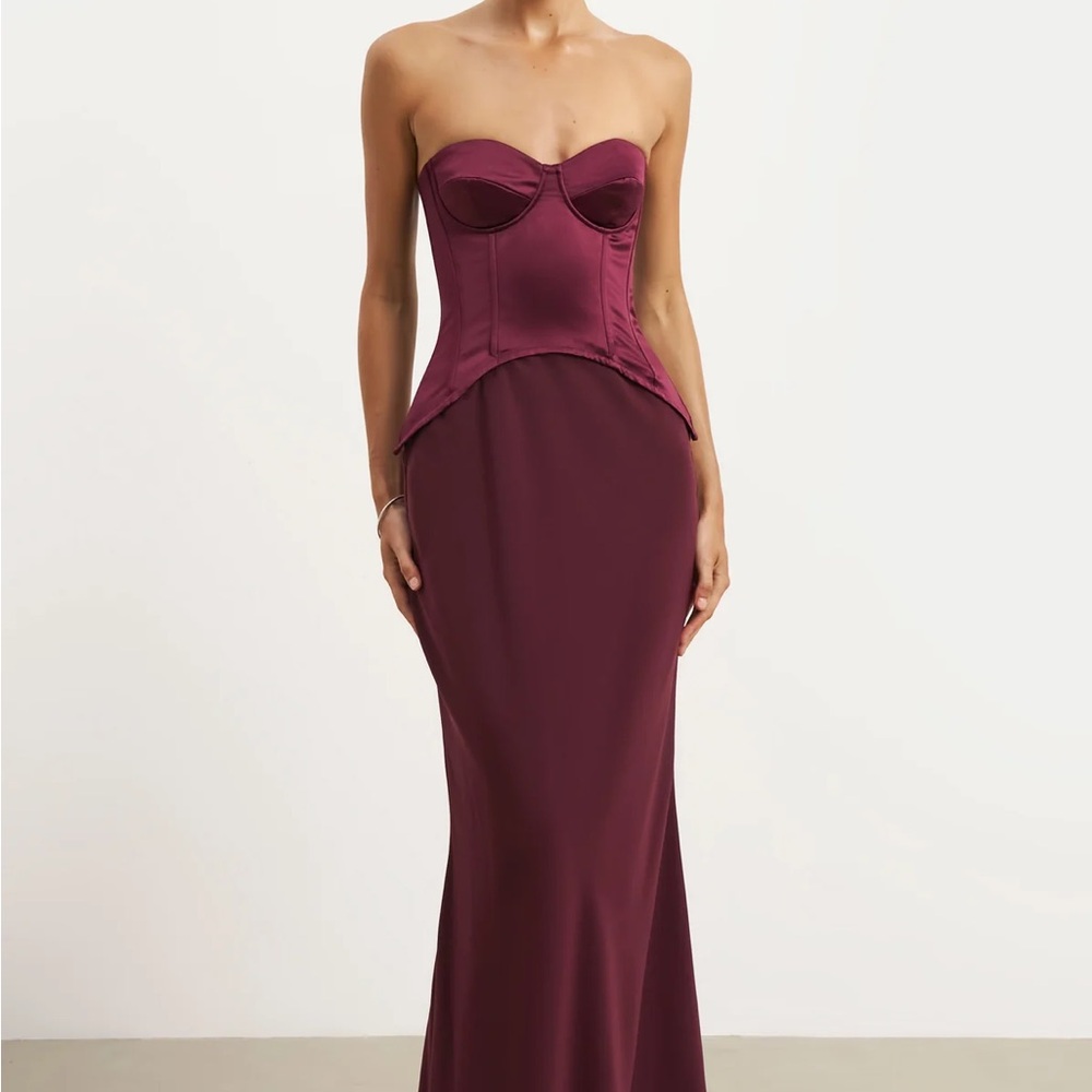 Strapless Burgundy Satin Corset Gown